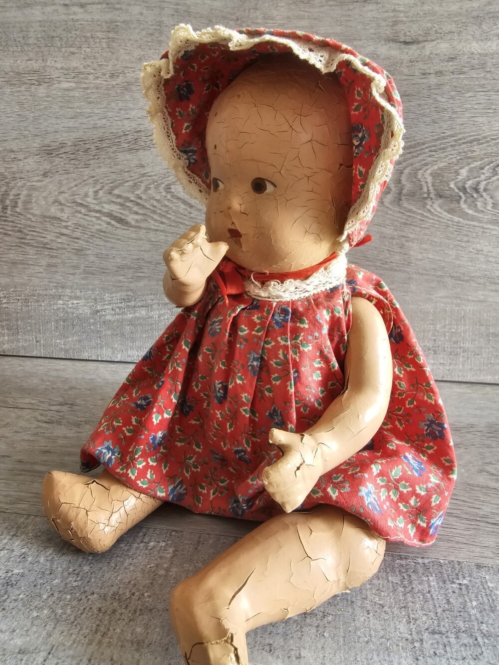 Antique Composition Baby Doll Red Floral Dress & Bonnet 7" Sitting